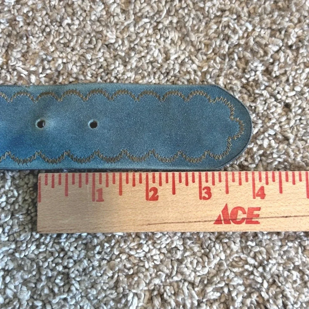 Boho Western Cowgirl Blue Sueded Polymer Western Stitch Belt Brass Buckle SZ 36
